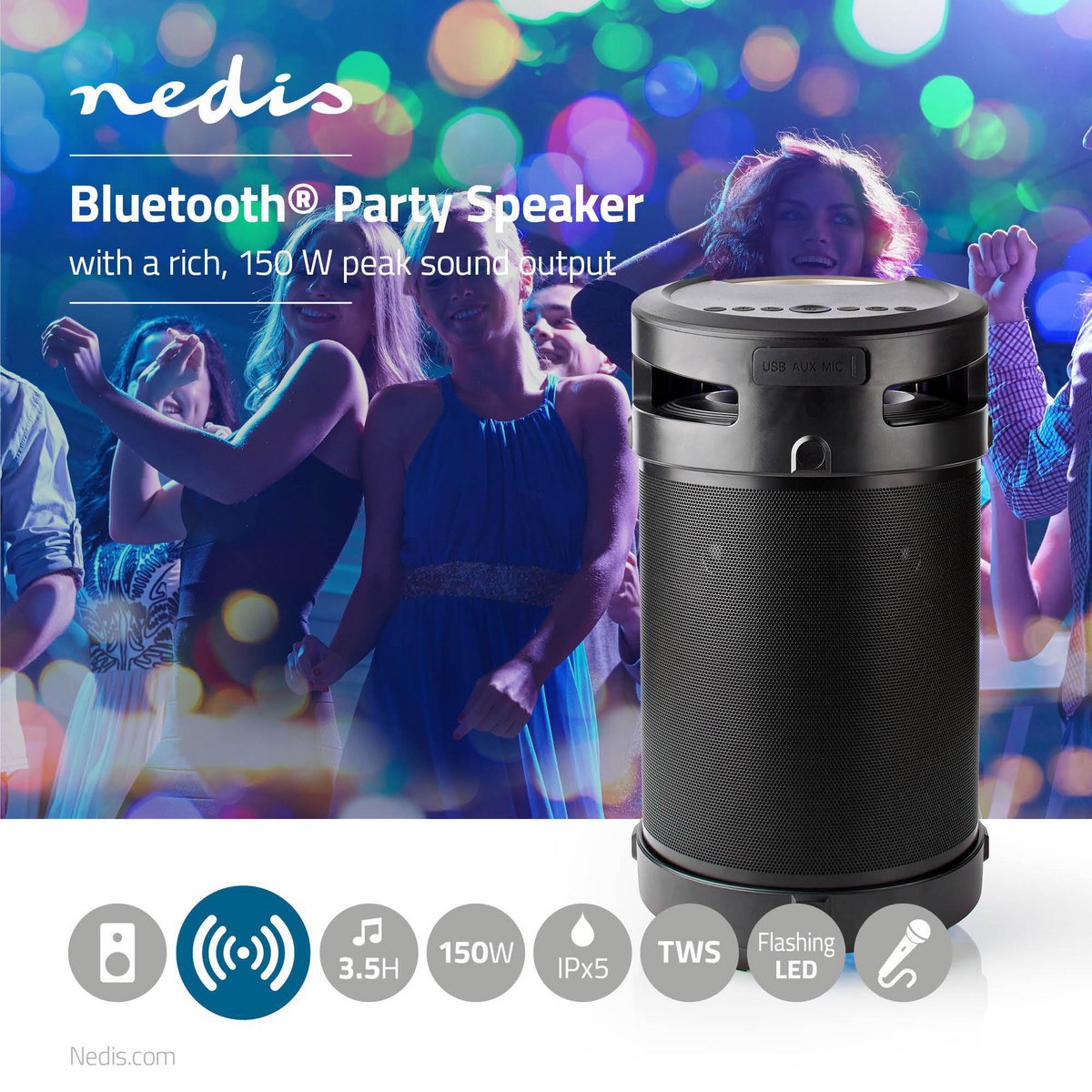 Bluetooth® Party Boombox | 3.5 hrs | 4.1 | 210 W | Media playback: AUX / USB | IPX5 | Linkable | Carrying handle | Party lights | Black / Silver