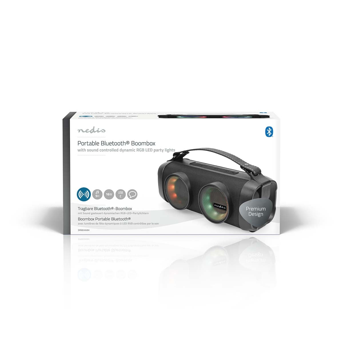 Bluetooth® Party Boombox | 5 hours | 2.0 | 24 W| Media playback: AUX / USB | Can be paired | Carrying handle | Party lights | Variety