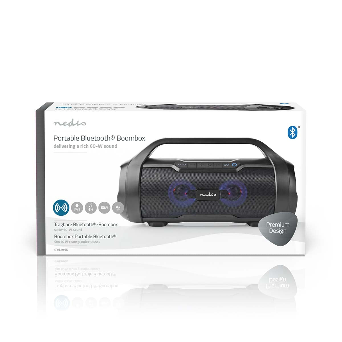 Bluetooth® Party Boombox | 6 hours | 2.0 | 120 W | Media playback: AUX / Micro SD / USB | IPX5 | Syncable | Carrying handle | Party lights | Black