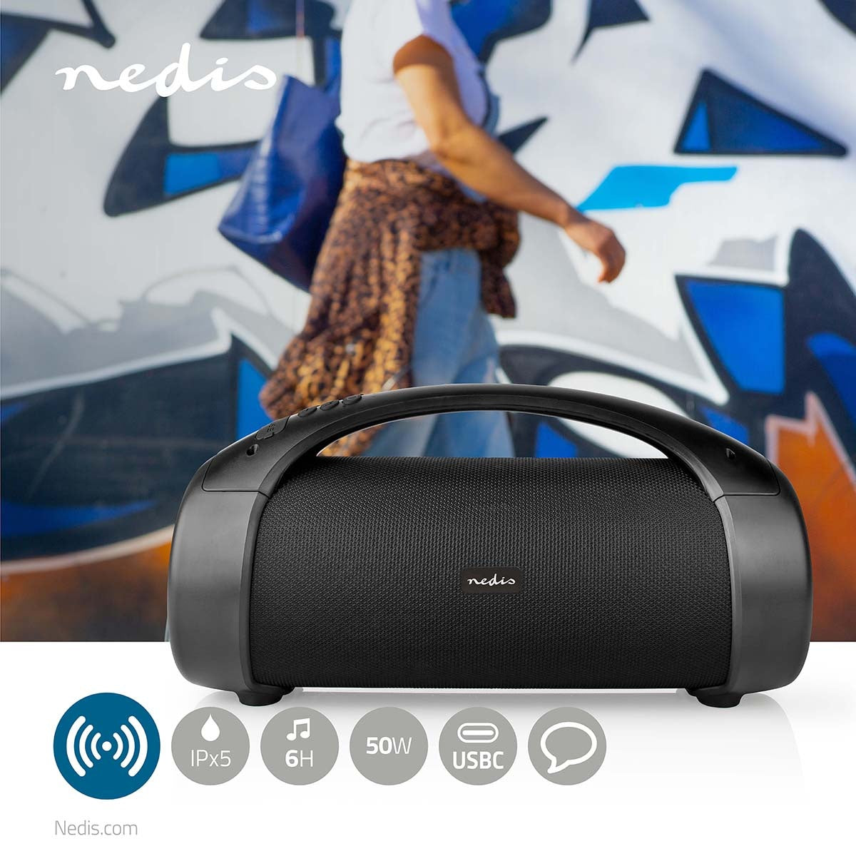 Bluetooth® Party Boombox | 6 hours | 2.0 | 50 W | Playback of media: AUX / USB | IPX5 | Syncable | Carrying handle | Party lights | Black