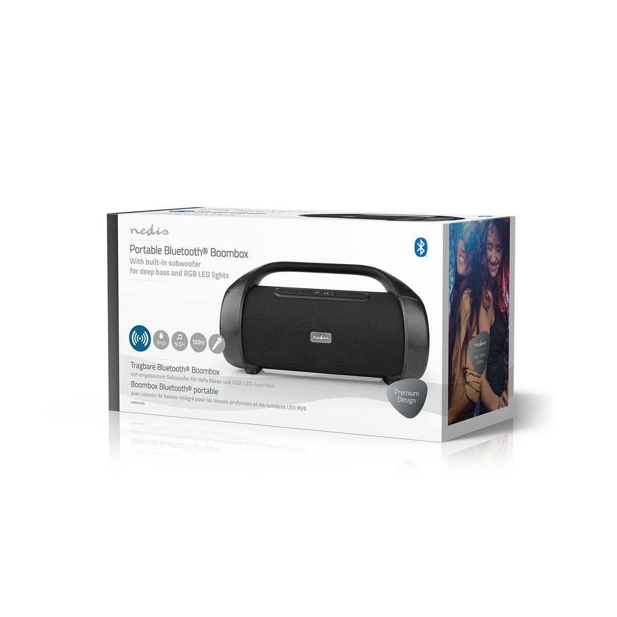 Bluetooth® Party Boombox | 9.5 hrs | 2.1 | 120 W | Media playback: AUX | IPX5 | Linkable | Carrying handle | Party lights | Black