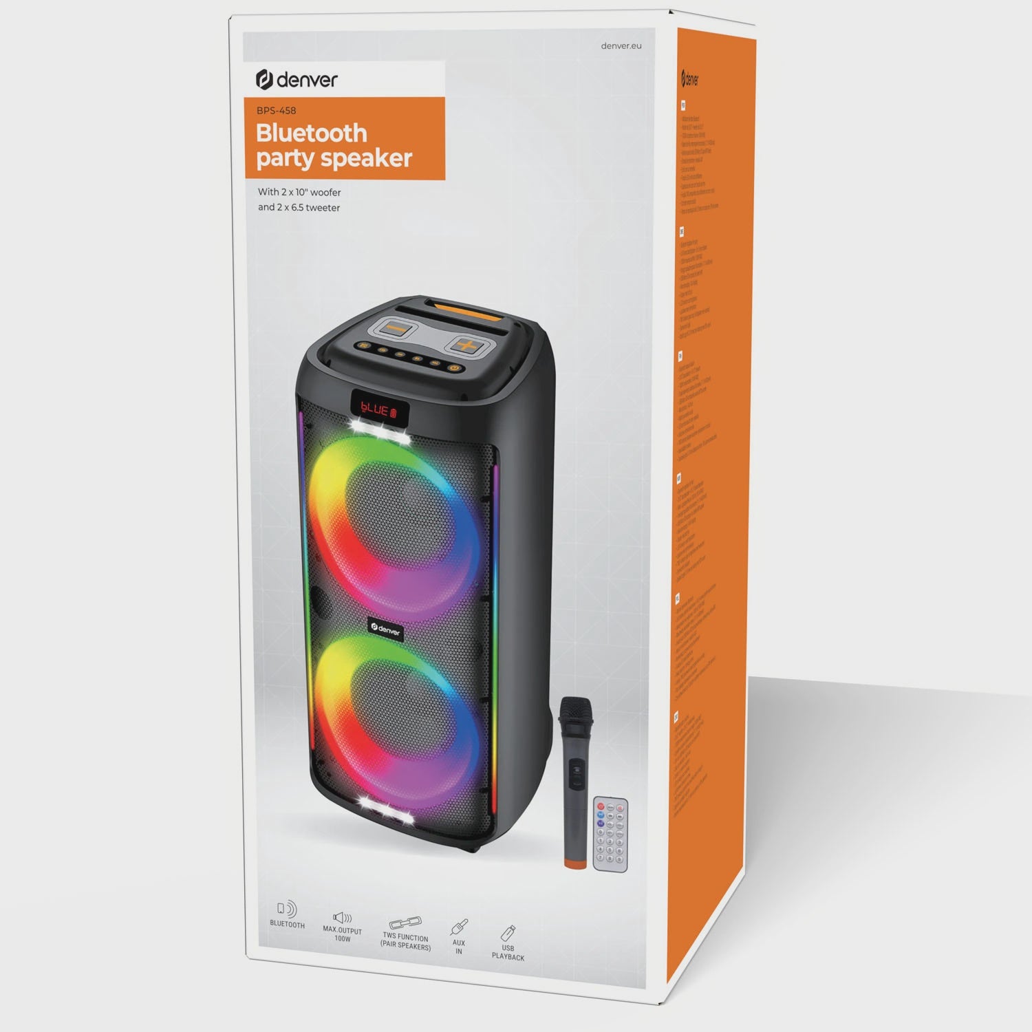 Bluetooth Speaker 2x10" Woofer, 100W, LED Lights, Black