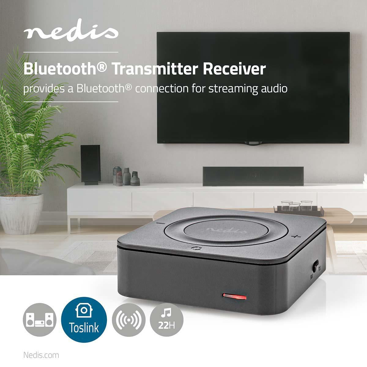 Bluetooth® Transmitter Receiver | Connection input: 1x AUX / 1x SPDIF | Connection output: 1x AUX / 1x SPDIF | AptX ™ Low latency / AptX™ / SBC | Up to 2 Devices | Maximum battery play time: 22 hrs | Black