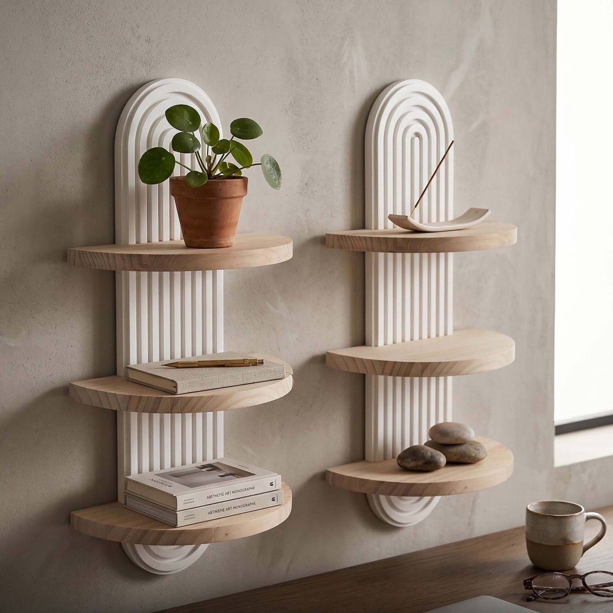 Boho Floating Wall Shelves, 2pc Set – Pine, Light Brown