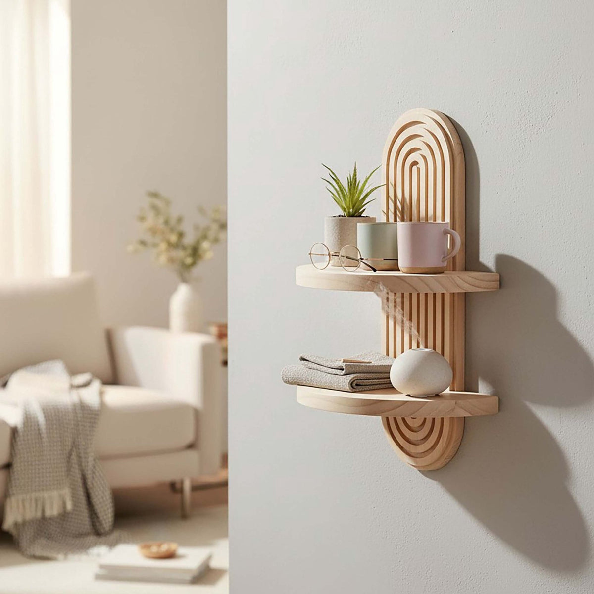 Boho Floating Wall Shelves, 2pc Set – Pine, Light Brown