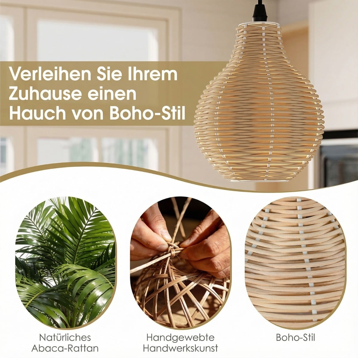 Boho Rattan Pendant Light, 3-Light, Adjustable Height