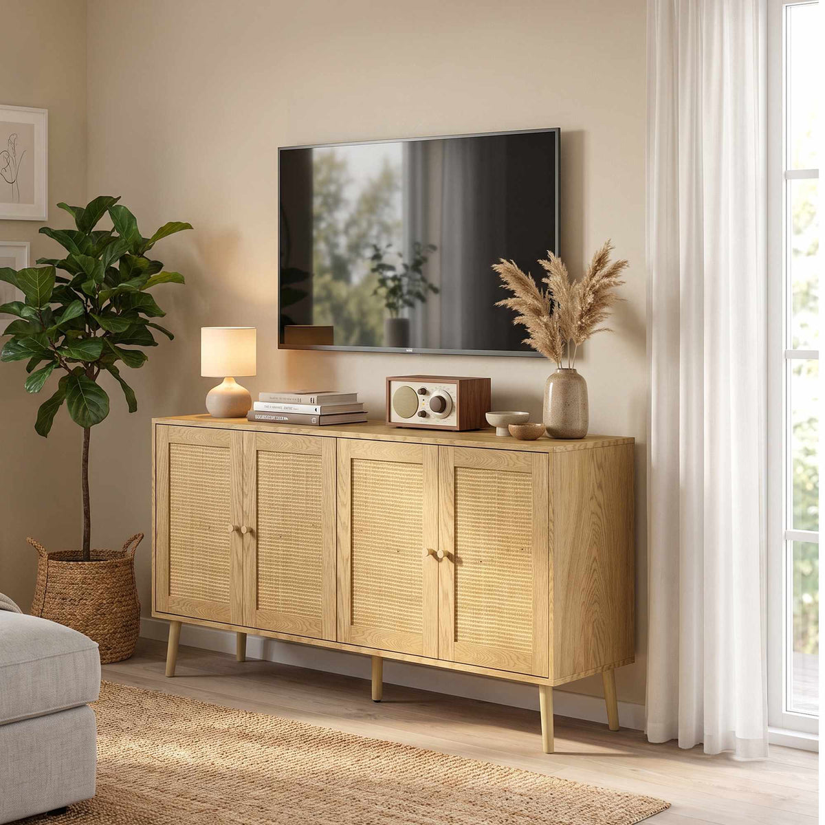 Boho Rattan Sideboard with Adjustable Shelves, Natural Wood