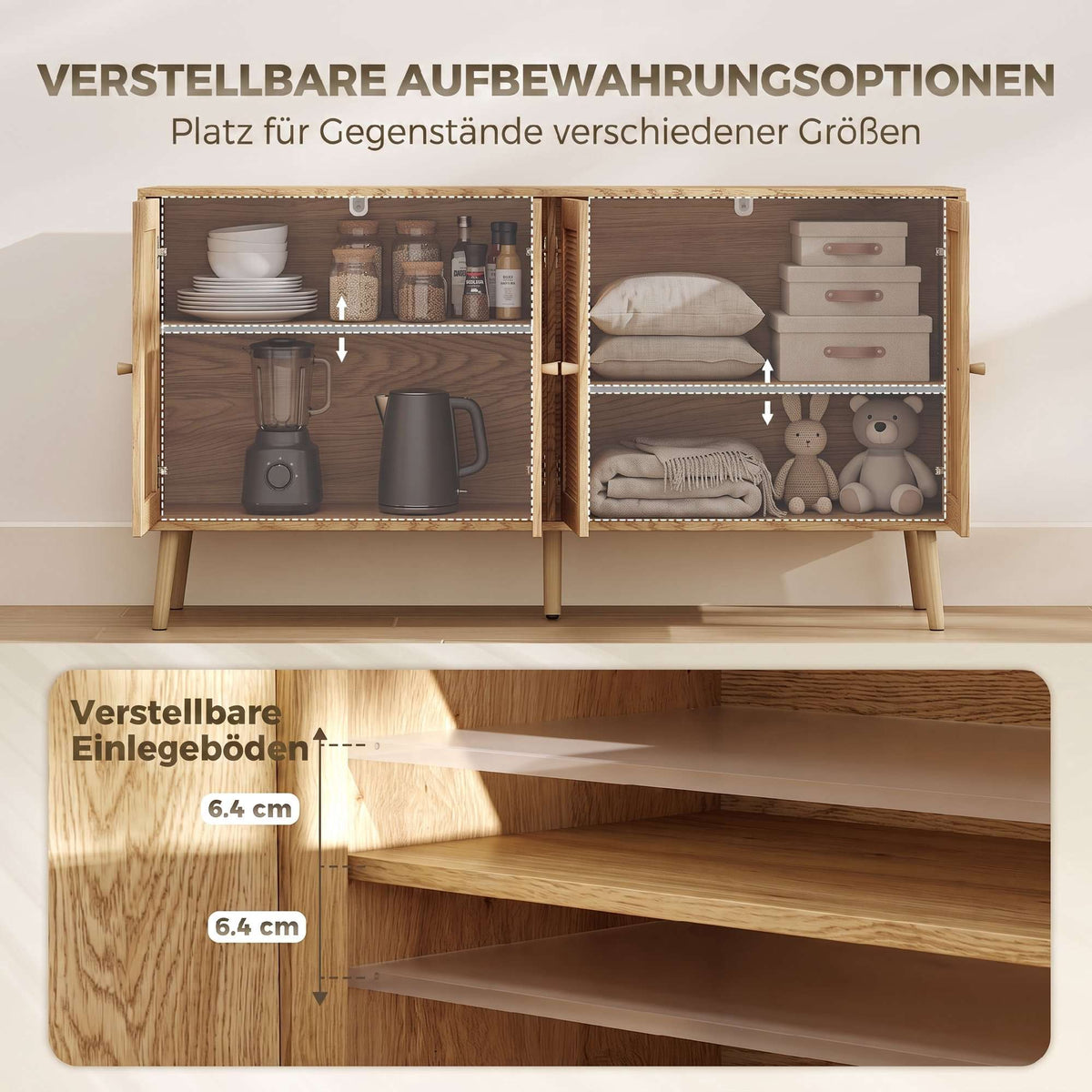 Boho Rattan Sideboard with Adjustable Shelves, Natural Wood