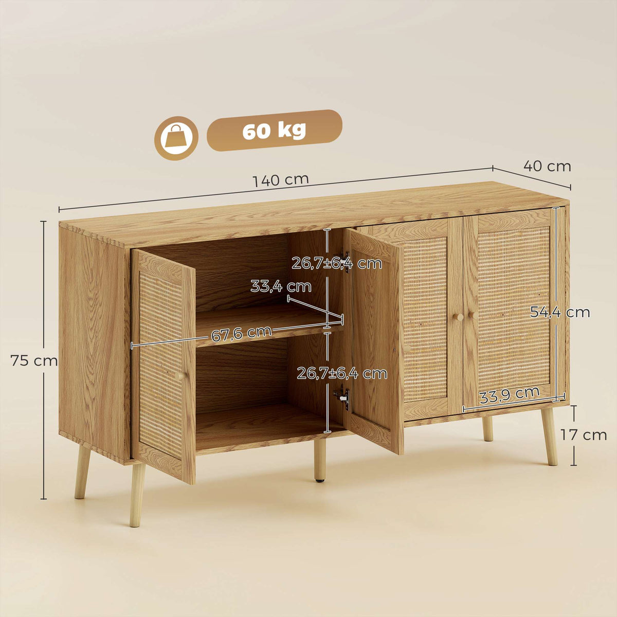 Boho Rattan Sideboard with Adjustable Shelves, Natural Wood