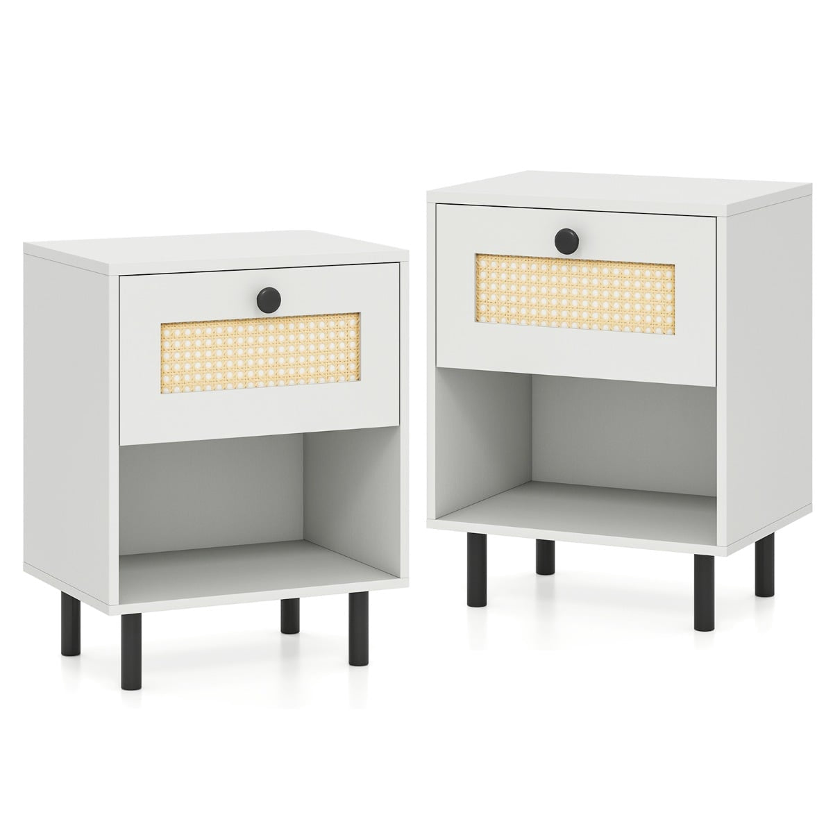 Boho Style Nightstand Set with Rattan Drawer, 2 Pieces