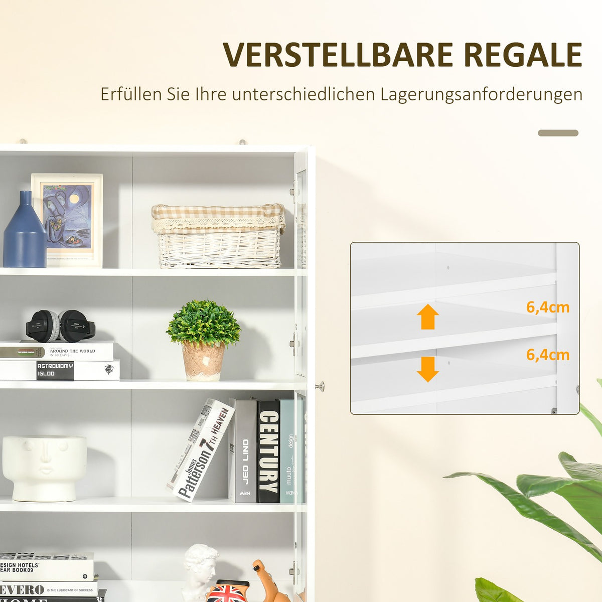Bookcase 178.5 Cm Tall Cabinet Display Cabinet With Glass Door 6 Compartments Kitchen Cabinet For Living Room Kitchen White
