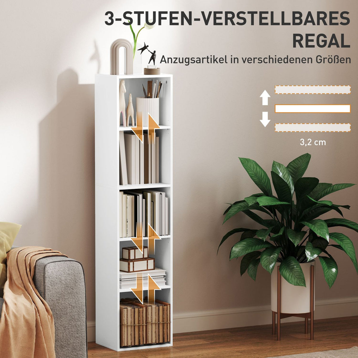 Bookcase, 5 compartments, adjustable shelves, wood, 30 x 24 x 133.5 cm, white