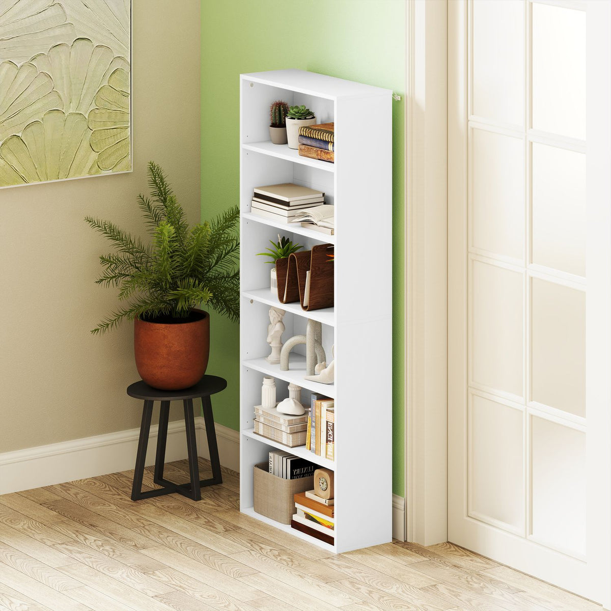 Bookcase, 6 compartments, adjustable shelves, chipboard, 60 x 24 x 158.5 cm, white