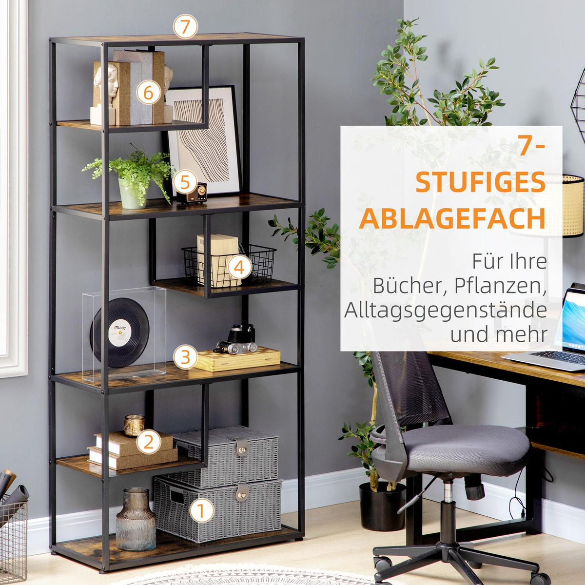 Bookcase Standing Shelf 7 Levels Storage Shelf Kitchen Shelf Industrial Design Tilt Protection Living Room Bedroom Rustic Brown