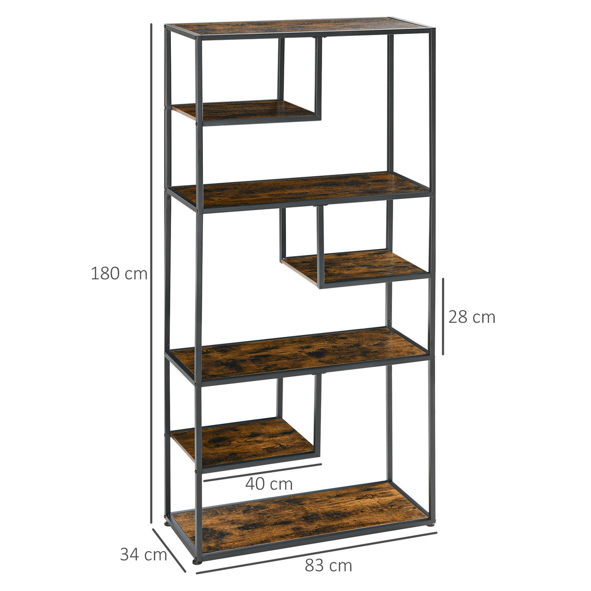 Bookcase Standing Shelf 7 Levels Storage Shelf Kitchen Shelf Industrial Design Tilt Protection Living Room Bedroom Rustic Brown