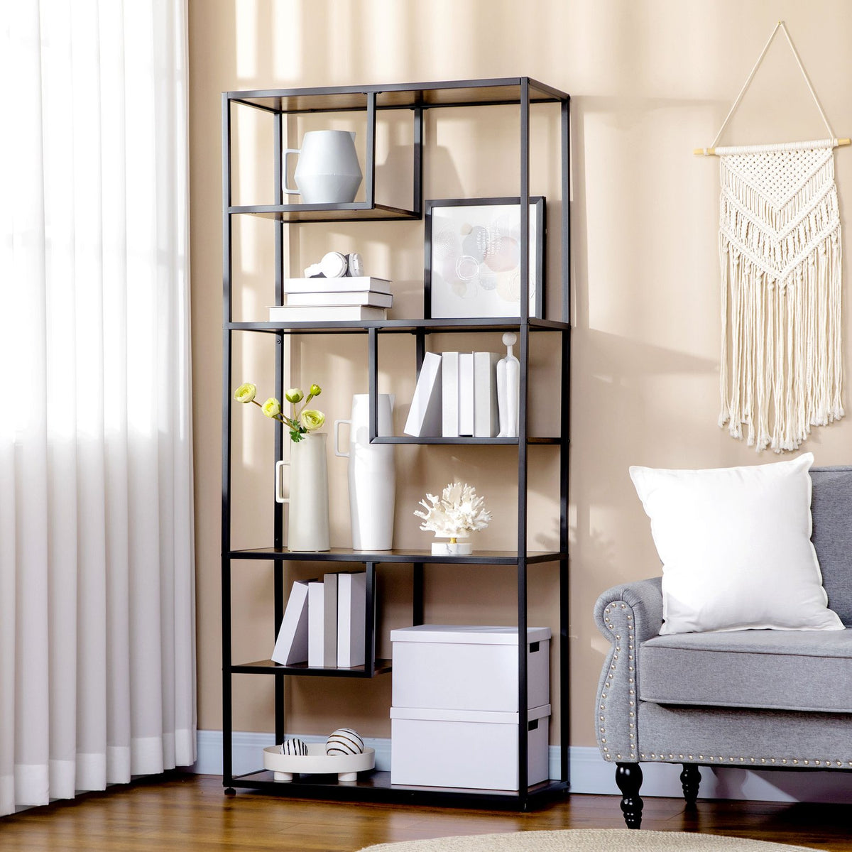 Bookcase Standing Shelf 7 Levels Storage Shelf Kitchen Shelf Industrial Design Tilt Protection Living Room Bedroom Rustic Brown