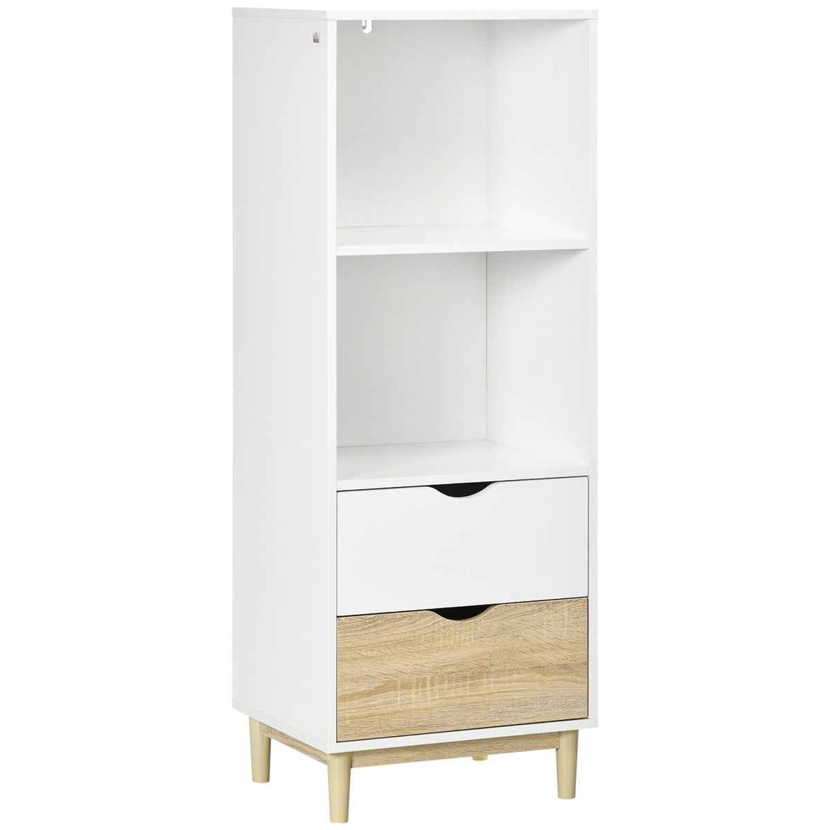 Bookcase With Drawers Modern Storage Shelf, 2 Compartments & 2 Drawers, Wooden Legs, White+Natural