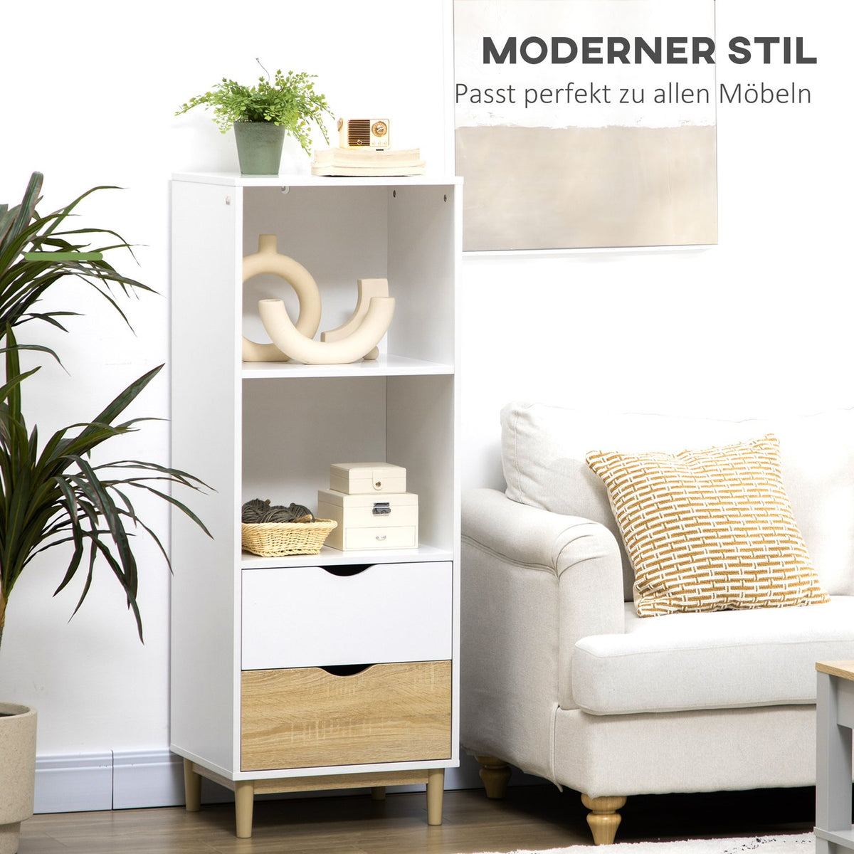 Bookcase With Drawers Modern Storage Shelf, 2 Compartments & 2 Drawers, Wooden Legs, White+Natural