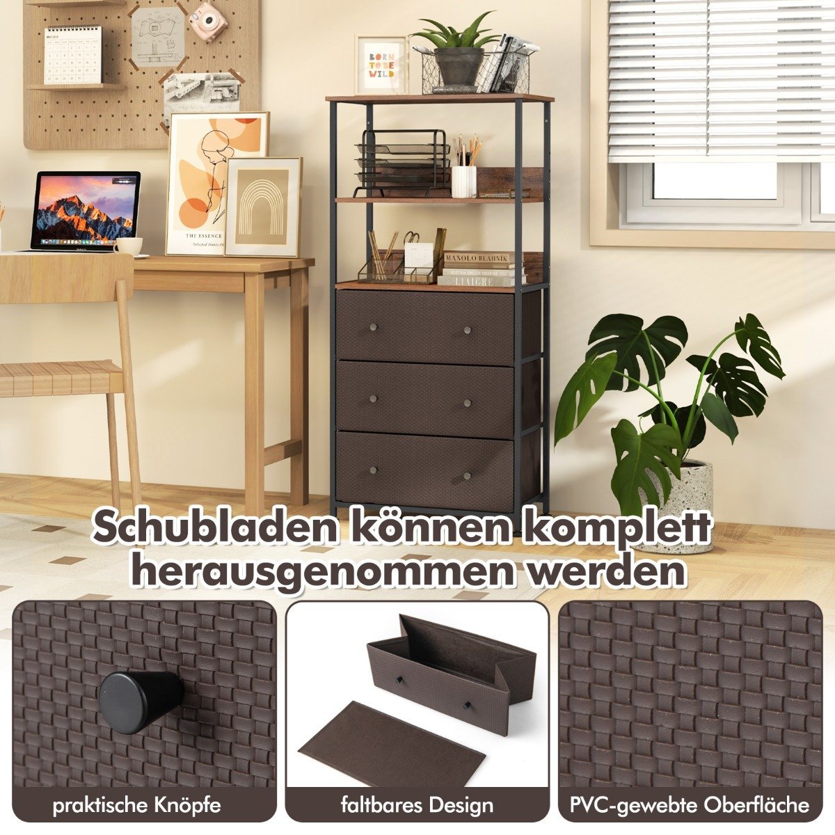 Bookcase with 3 drawers & open shelves chest of drawers cabinet 56.5 x 20 x 117cm