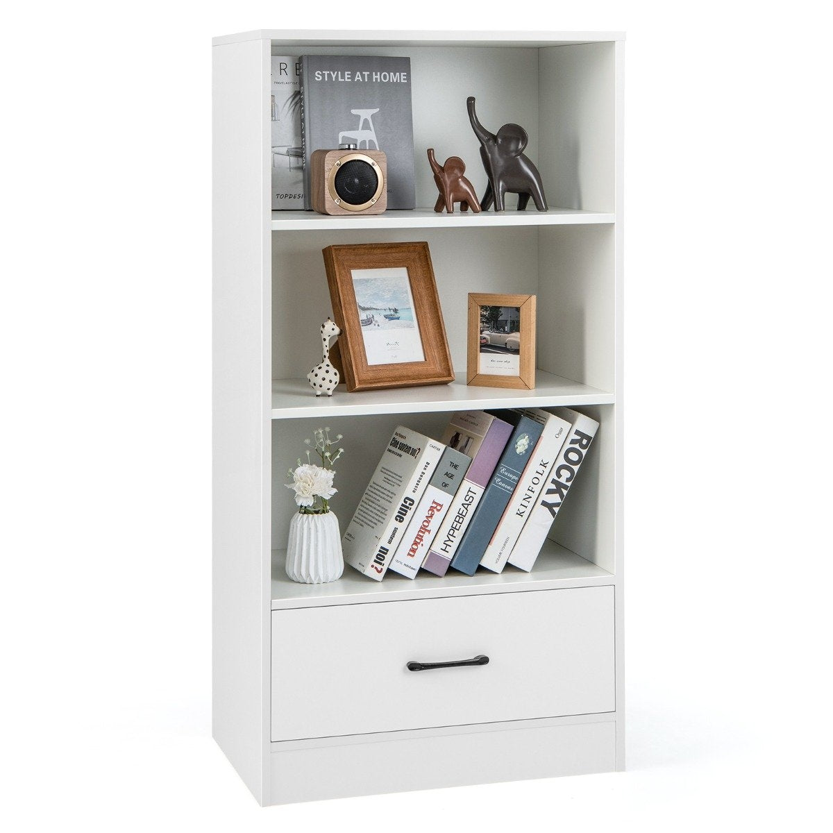 Bookcase with drawers 4 levels storage shelf made of wood standing shelf 120cm white