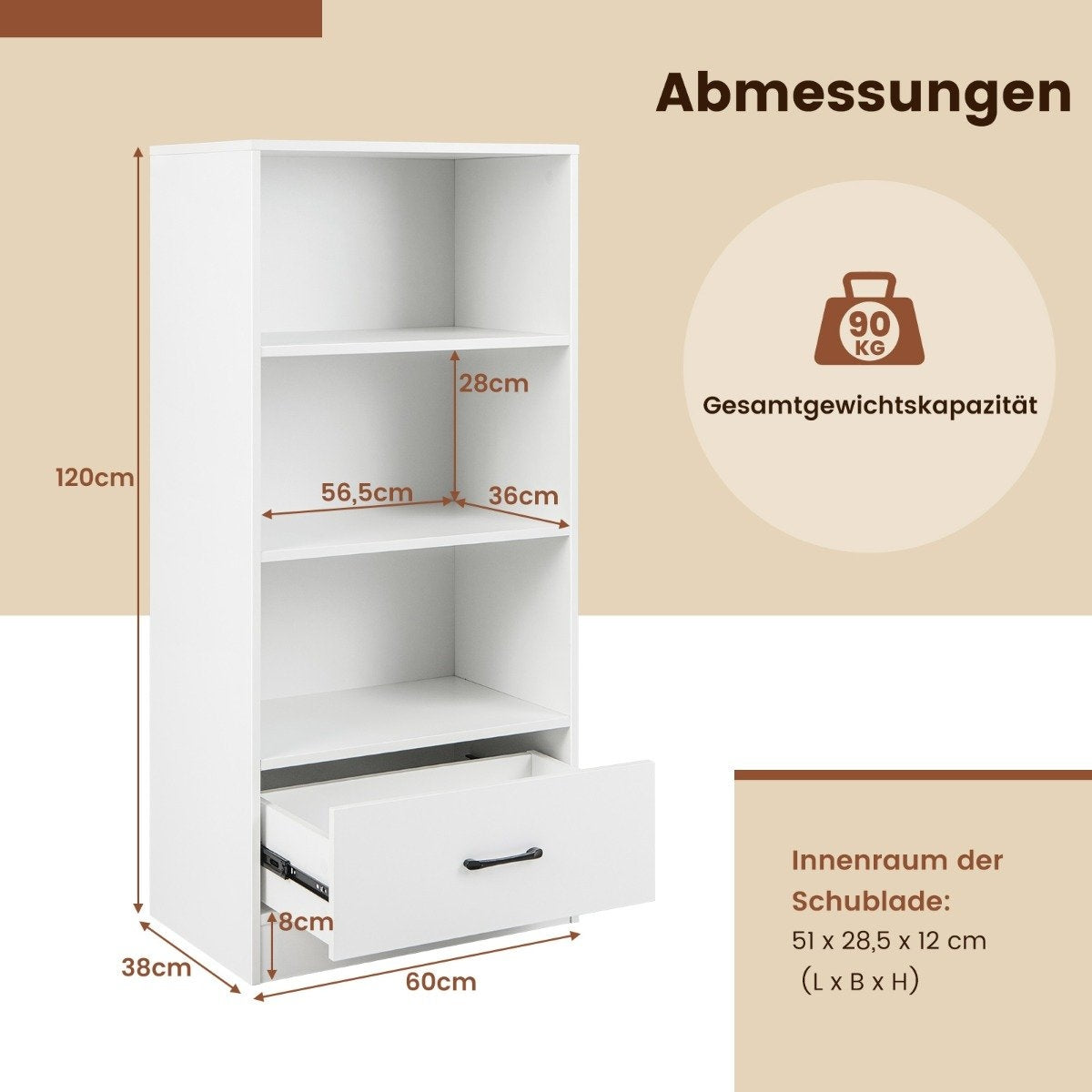 Bookcase with drawers 4 levels storage shelf made of wood standing shelf 120cm white