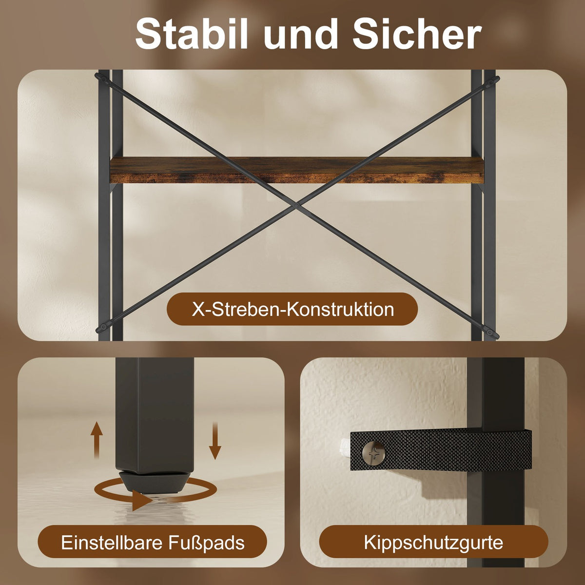 Bookshelf, 5-Tier, Metal Frame, Melamine, Brown