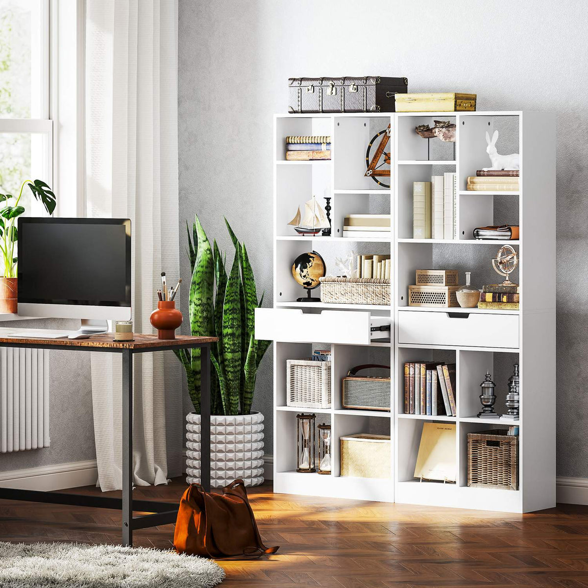 Bookshelf Standing Shelf with 9 Shelves, 1 Drawer, Storage Shelf with Anti-Tilt Safety, Office Shelf for Living Room, Office, 60 x 26 x 158 cm, White