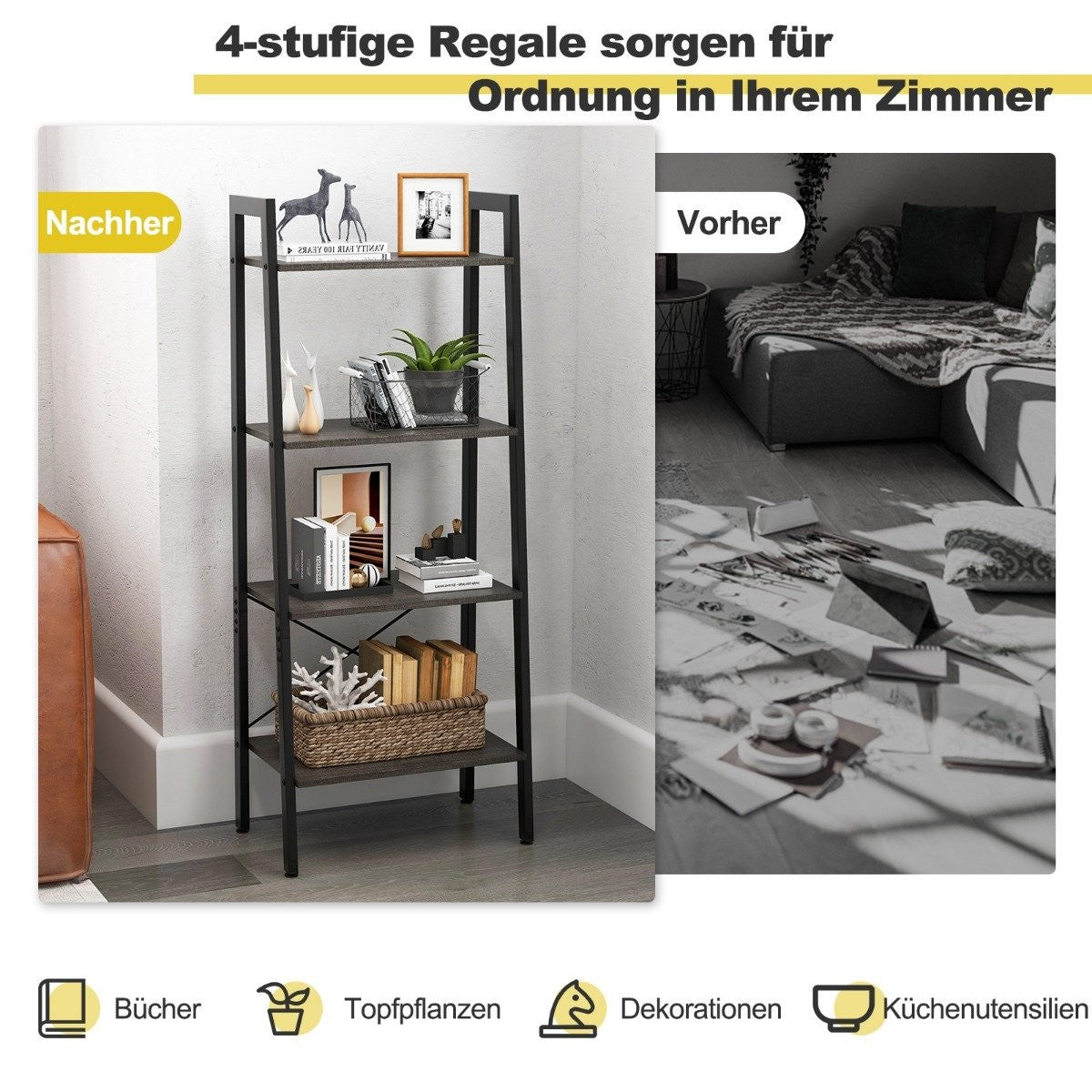 Bookshelf shelf with 4 levels ladder shelf wood with tilt protection and adjustable foot pads dark brown