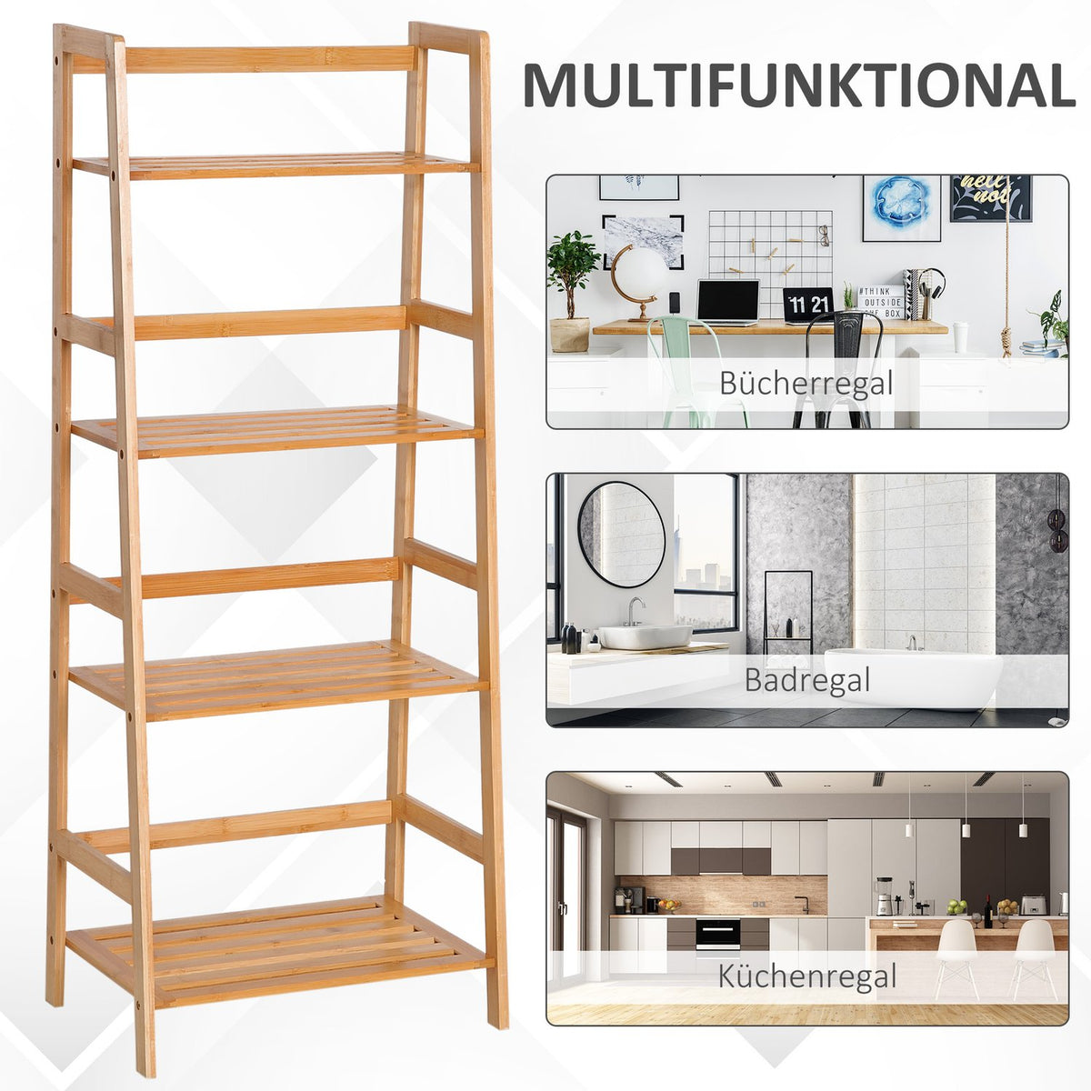 Bookshelf standing shelf with 4 levels storage shelf made of bamboo office shelf for living room, bedroom, office, natural |