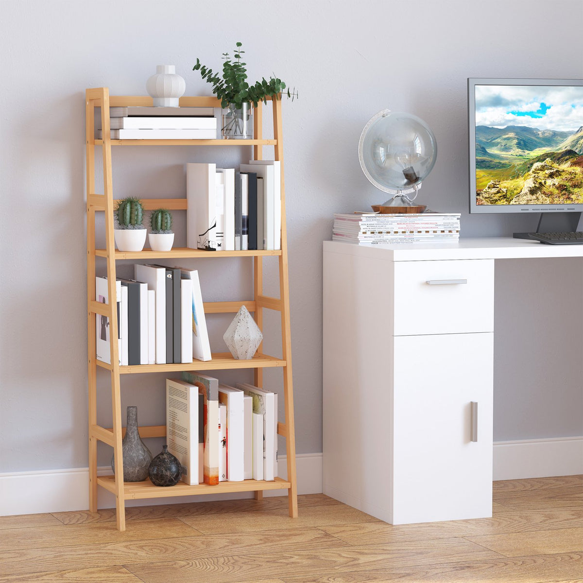 Bookshelf standing shelf with 4 levels storage shelf made of bamboo office shelf for living room, bedroom, office, natural |
