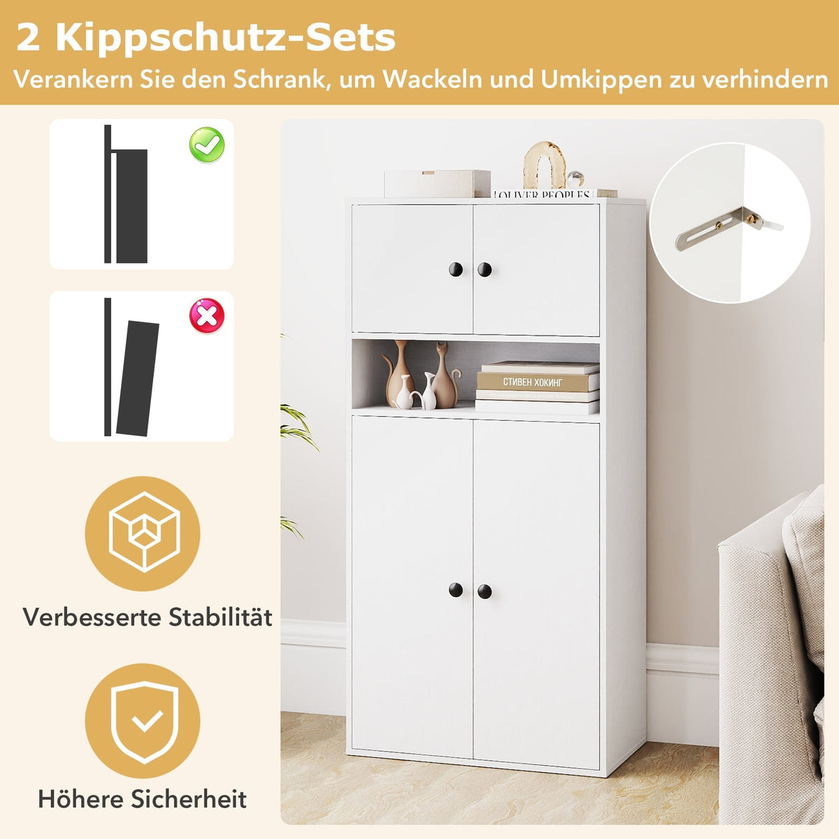 Bookshelf with 4 Doors, Adjustable Shelf, Anti-Tip, White
