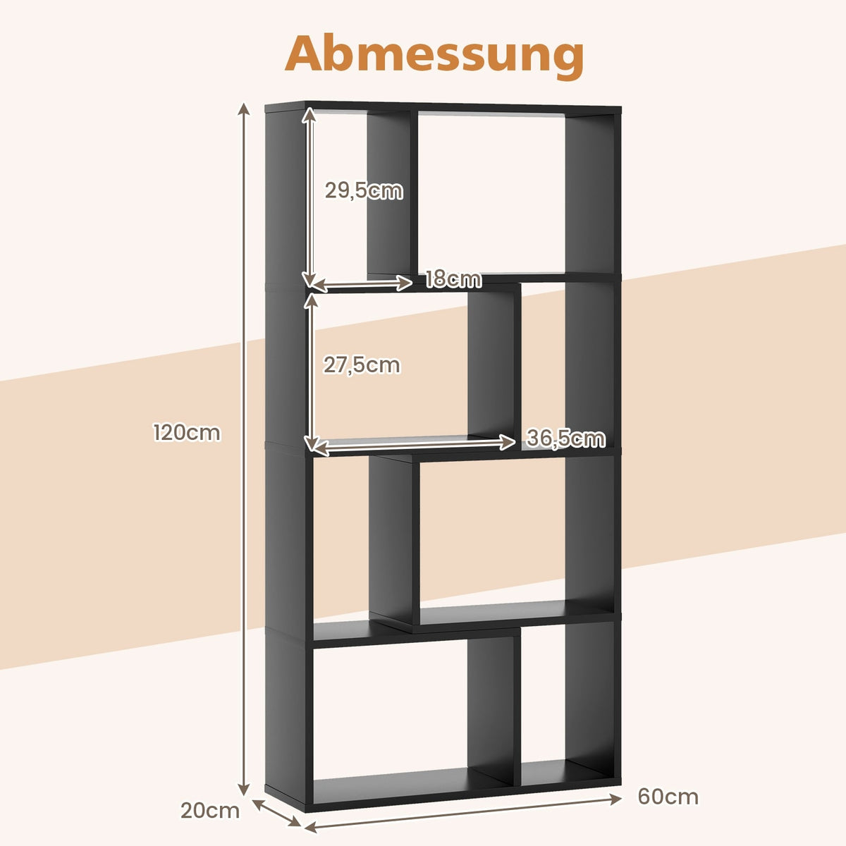 Bookshelf with 8 Compartments, 4 Tiers, 60x20x120 cm, Black