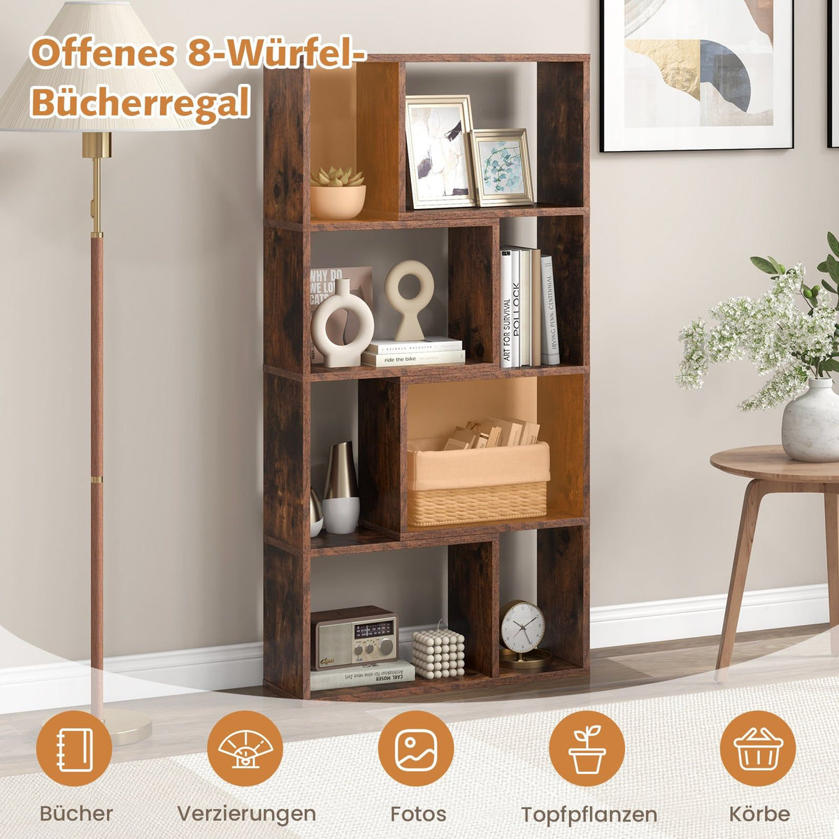 Bookshelf with 8 Cubes, 4-Tier, 60x20x120 cm, Brown