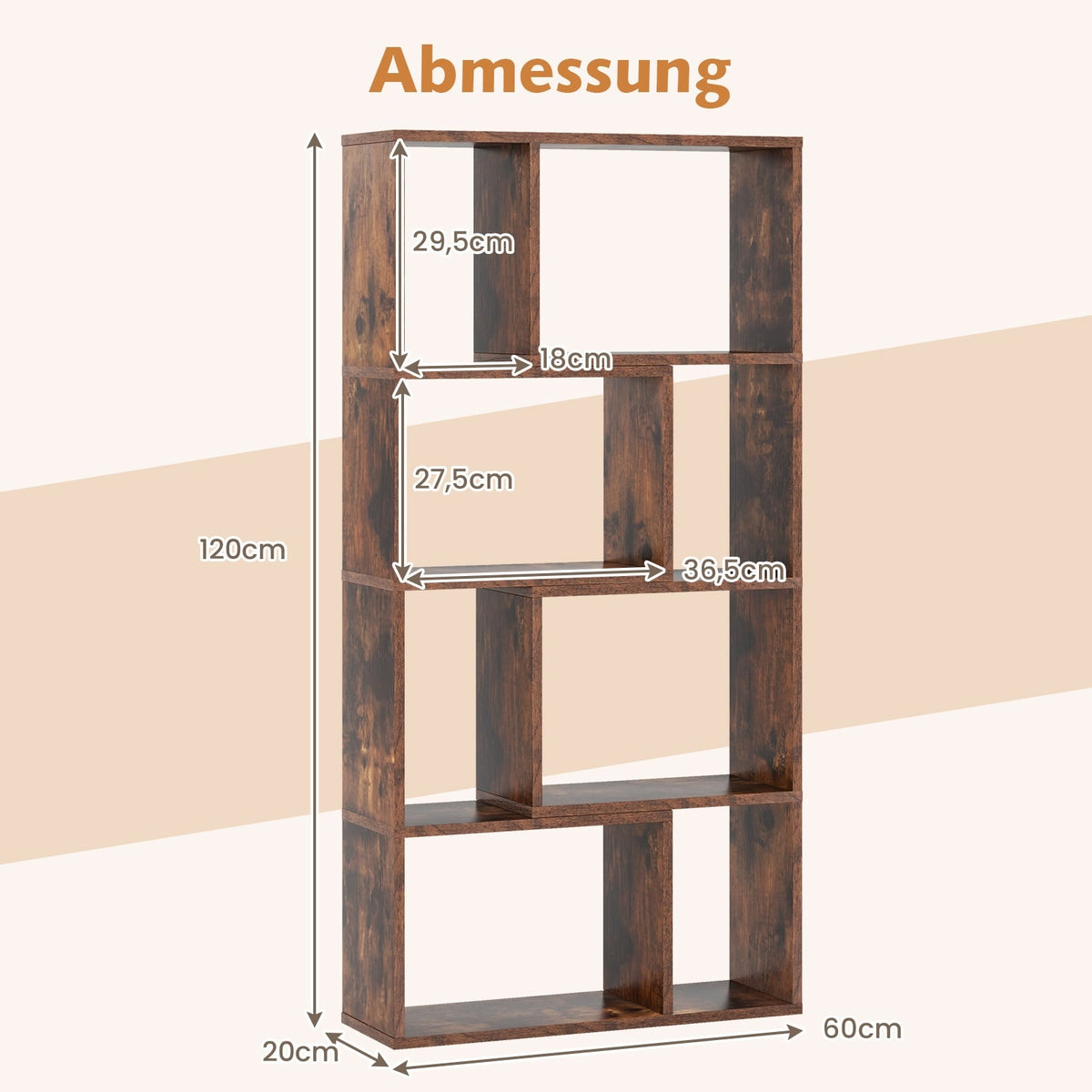 Bookshelf with 8 Cubes, 4-Tier, 60x20x120 cm, Brown