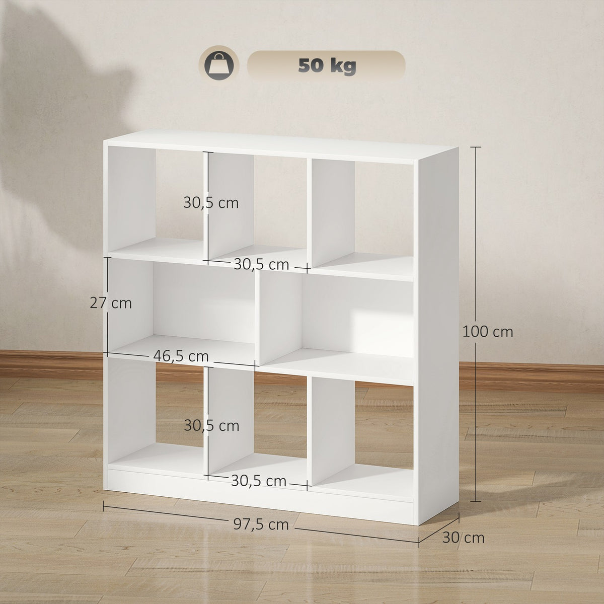 Bookshelf with 8 Shelves, 97.5 x 30 x 100 cm, White