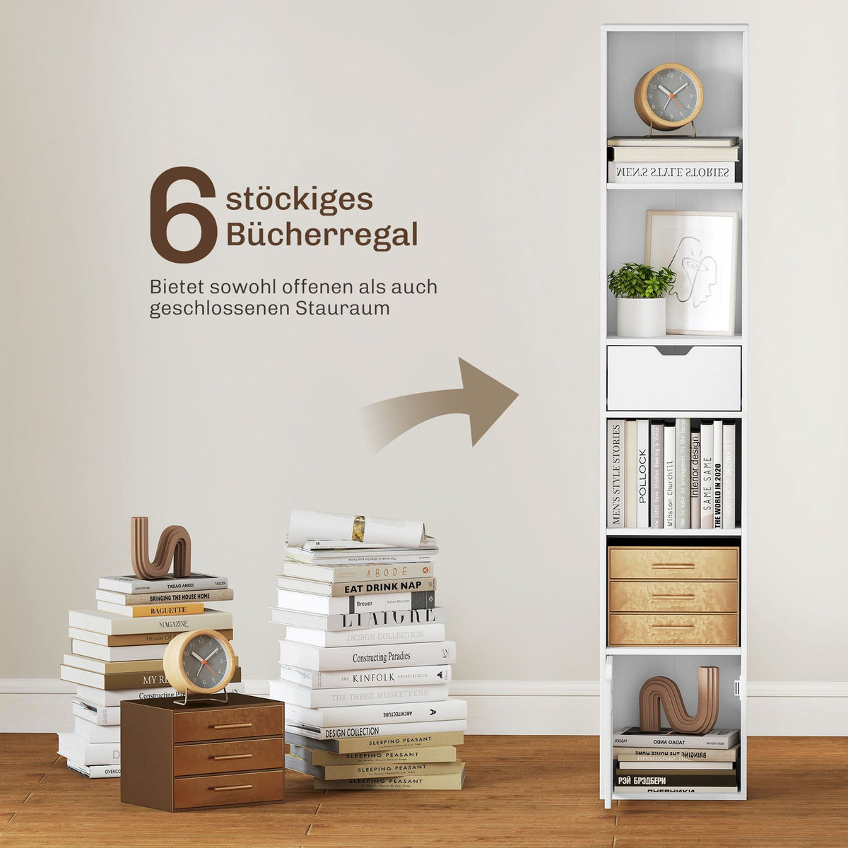 Bookshelf with Adjustable Shelves and Drawer, White