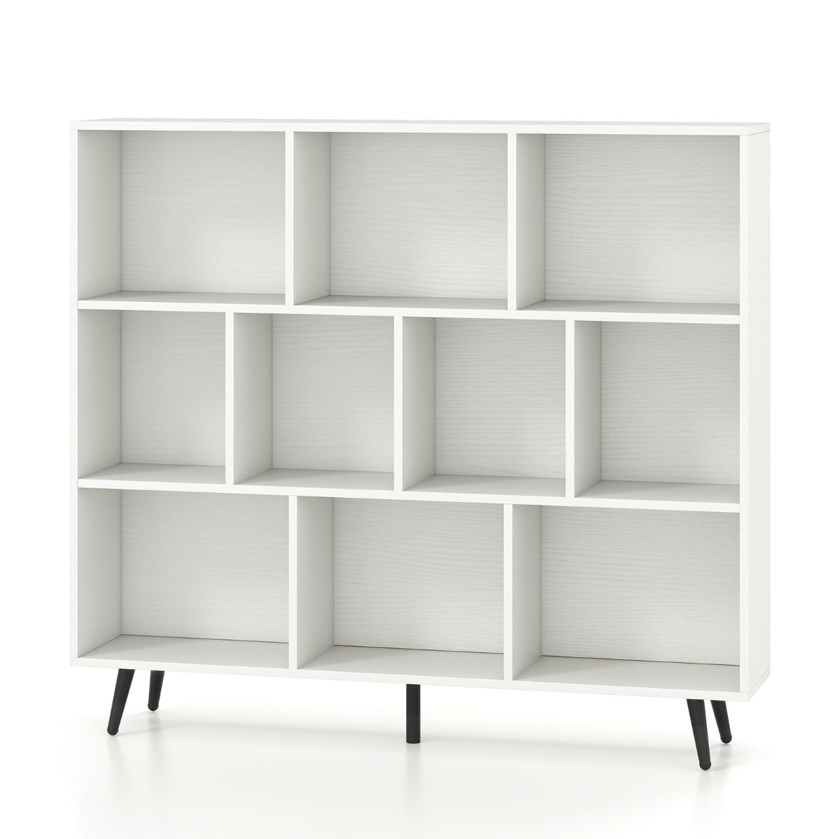 Bookshelf with Compartments, 3-Tier, Wood Legs, 120 cm