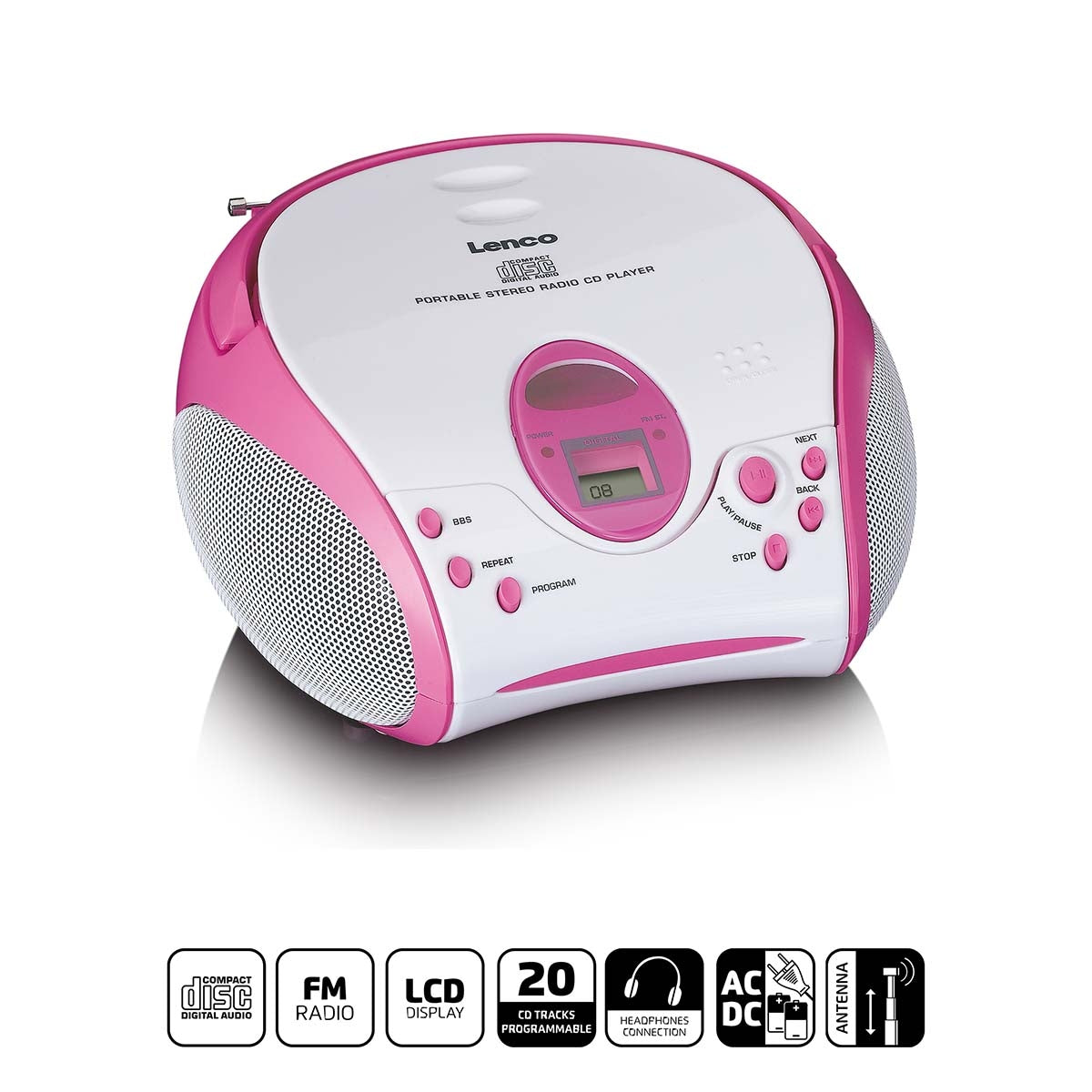Boombox with CD player FM radio and stickers Pink