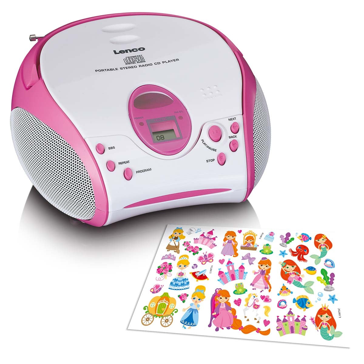 Boombox with CD player FM radio and stickers Pink