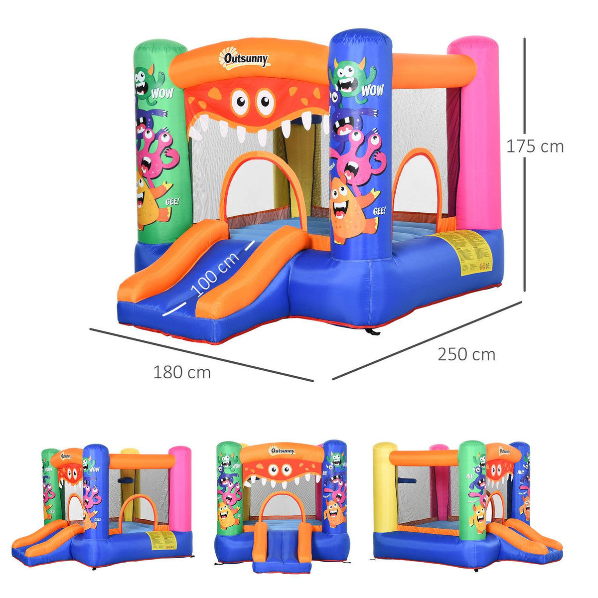 Bouncy Castle Water Park Monster Pattern With Blower Slide For 2 Kids Self Inflating Ages 3+ Oxford & Polyester Fabric