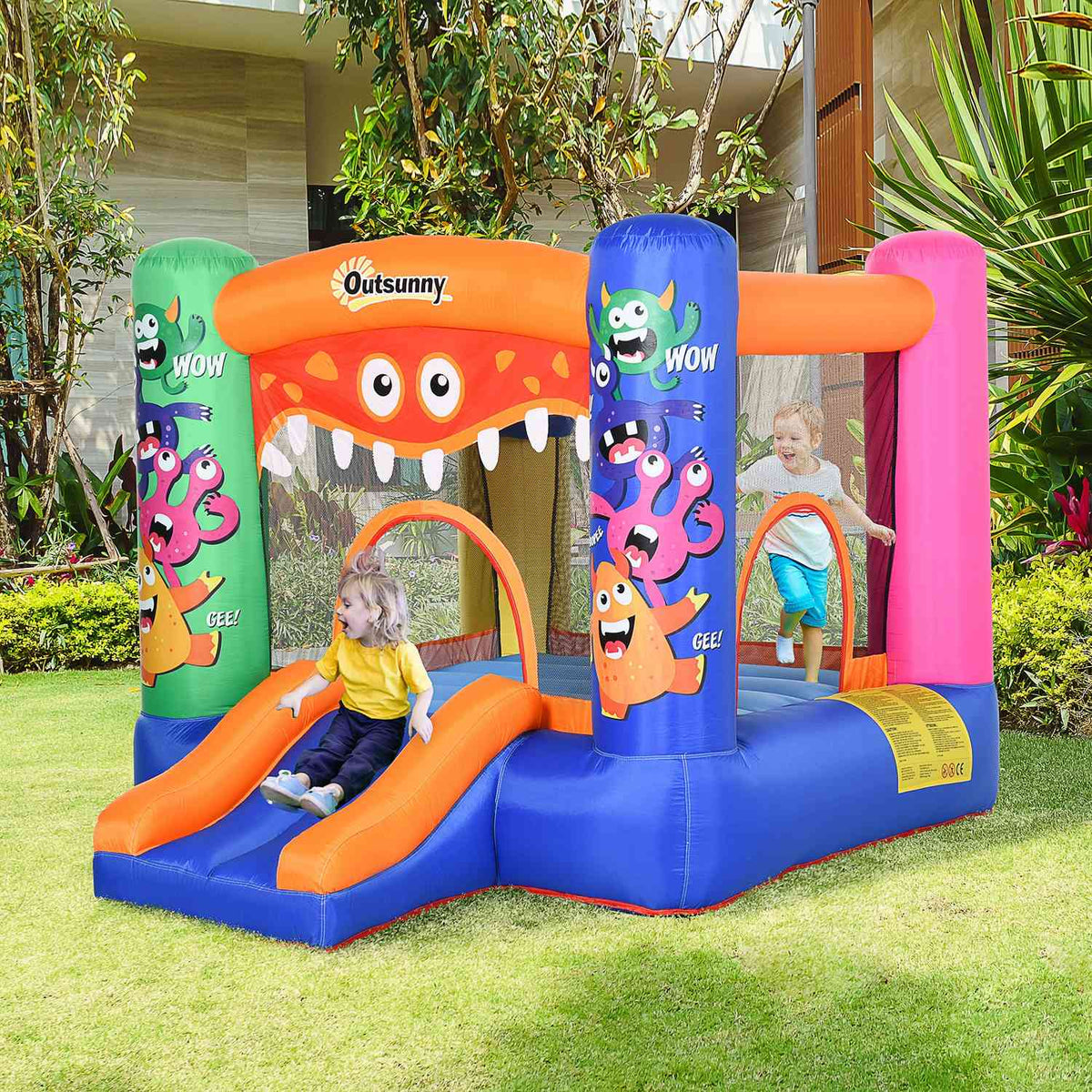 Bouncy Castle Water Park Monster Pattern With Blower Slide For 2 Kids Self Inflating Ages 3+ Oxford & Polyester Fabric