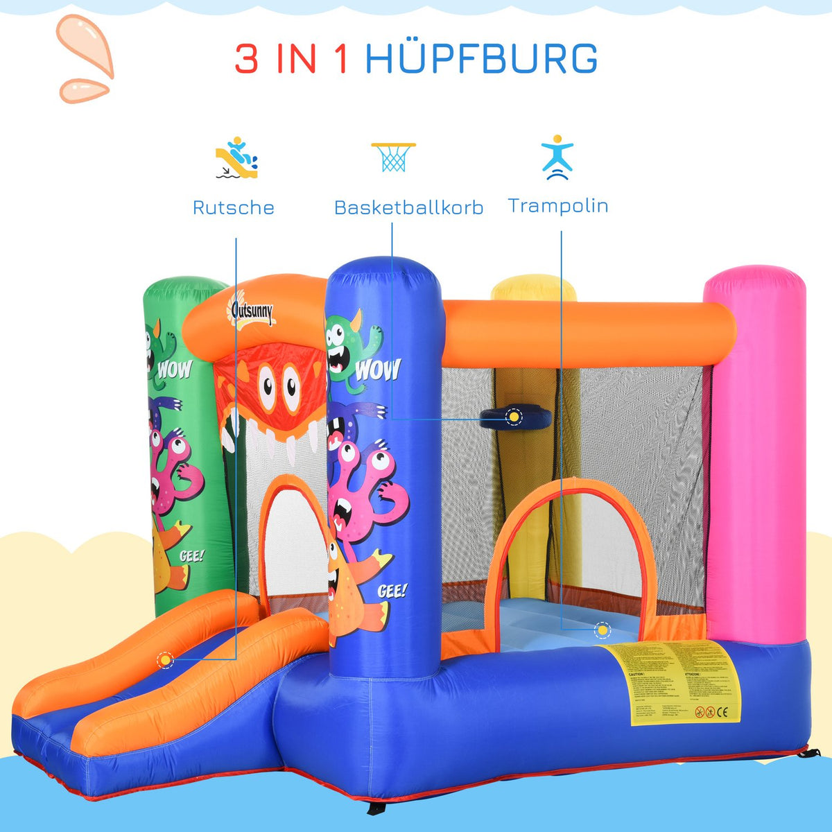 Bouncy Castle Water Park Monster Pattern With Blower Slide For 2 Kids Self Inflating Ages 3+ Oxford & Polyester Fabric