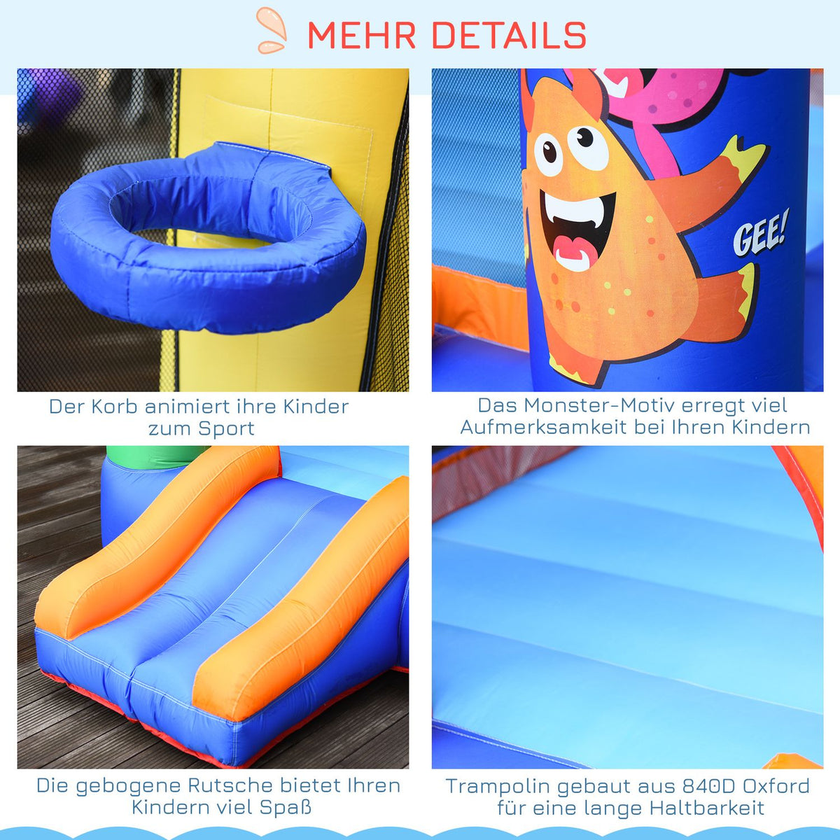 Bouncy Castle Water Park Monster Pattern With Blower Slide For 2 Kids Self Inflating Ages 3+ Oxford & Polyester Fabric
