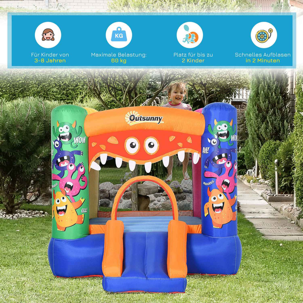 Bouncy Castle Water Park Monster Pattern With Blower Slide For 2 Kids Self Inflating Ages 3+ Oxford & Polyester Fabric