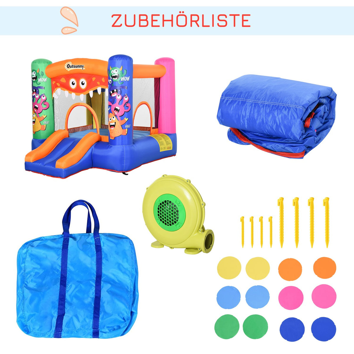 Bouncy Castle Water Park Monster Pattern With Blower Slide For 2 Kids Self Inflating Ages 3+ Oxford & Polyester Fabric