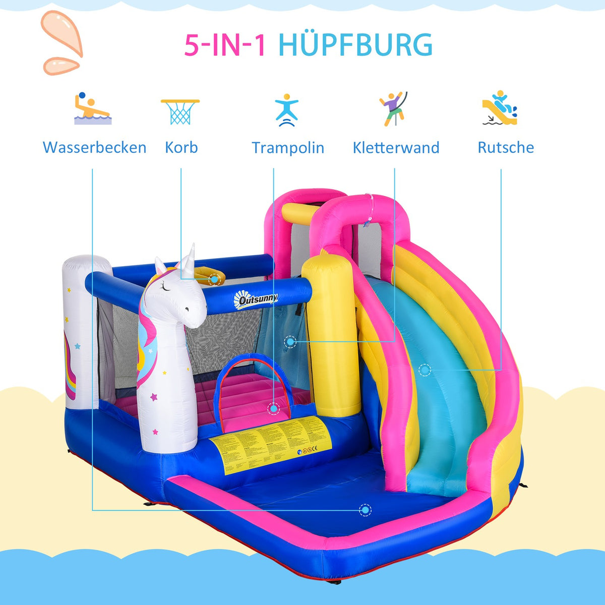 Bouncy Castle With Blower Slide Pool For 4 Children Inflatable Jumping Castle For 3-8 Years Children Outdoor Water Park Oxford Polyester Fabric