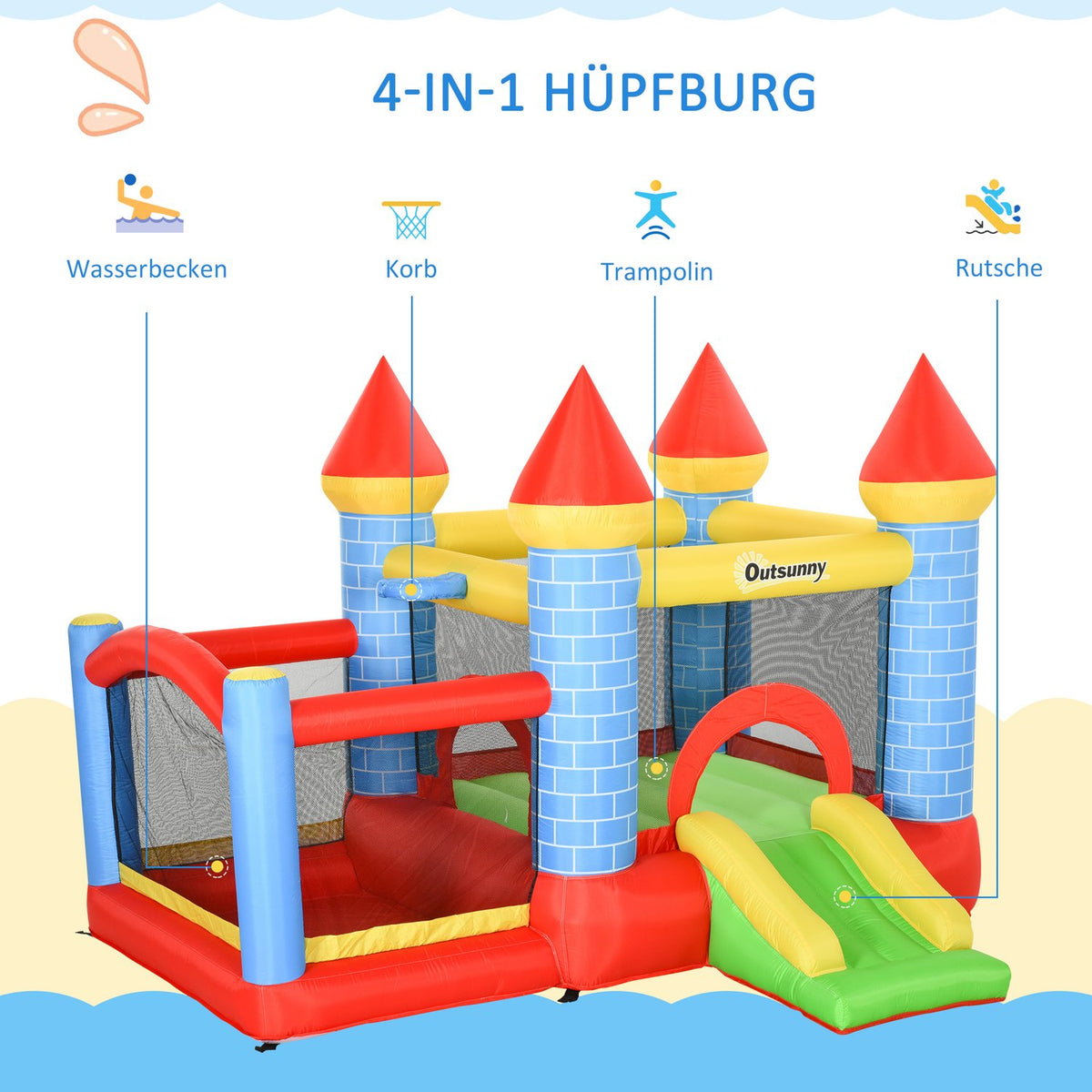 Bouncy Castle With Slide And Pool Inflatable Play Castle For 3 Kids, Oxford & Polyester Fabric, Red+Blue+Green, For 3-8 Years
