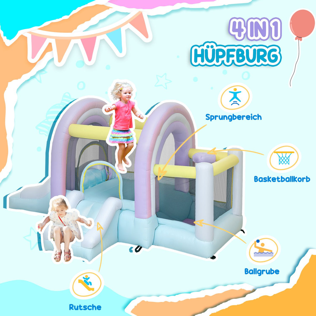 Bouncy Castle with Blower, Slide, Jump, Basketball Hoop Inflatable Jumping Castle with Carry Bag for Indoor Outdoor for Children Ages 3-8, 340 x 220 x 180 cm |