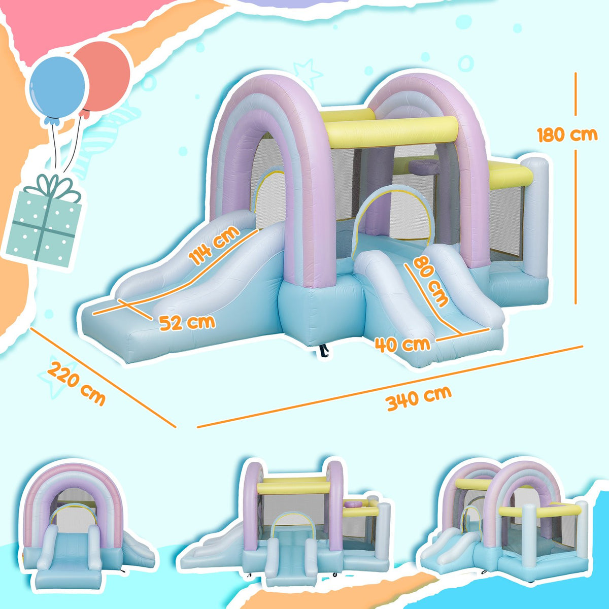 Bouncy Castle with Blower, Slide, Jump, Basketball Hoop Inflatable Jumping Castle with Carry Bag for Indoor Outdoor for Children Ages 3-8, 340 x 220 x 180 cm |