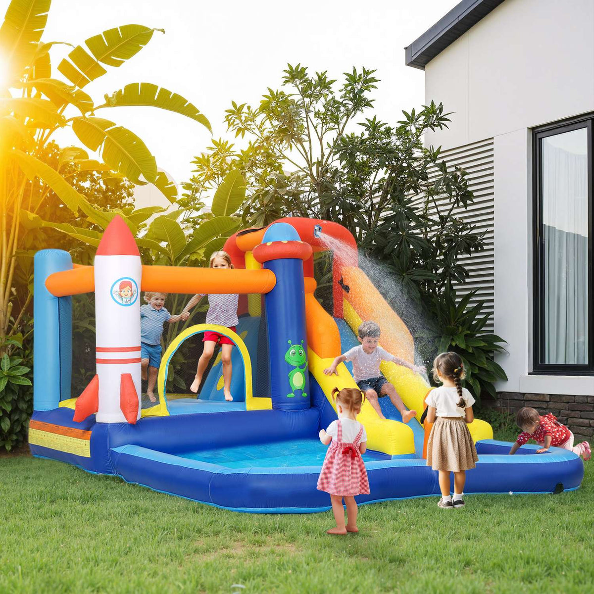 Bouncy Castle with Blower, Slide, Paddling Pool, Climbing Wall, Jump, Water Cannon, Inflatable Jumping Castle with Carry Bag for Indoor Outdoor for Children Ages 3-8, 360 x 250 x 195 cm |